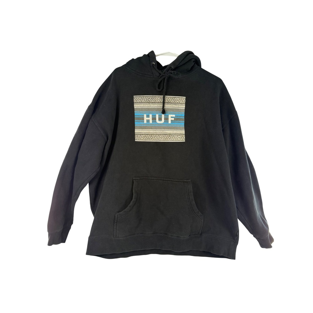 HUF Aztec Print Logo Hoodie Black XL Heavyweight Streetwear Pullover